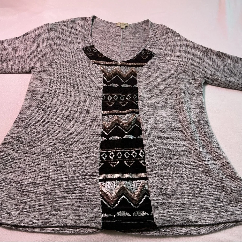 ONE WORLD Gray and Black sequined geometric patterns Tunic Top 1X